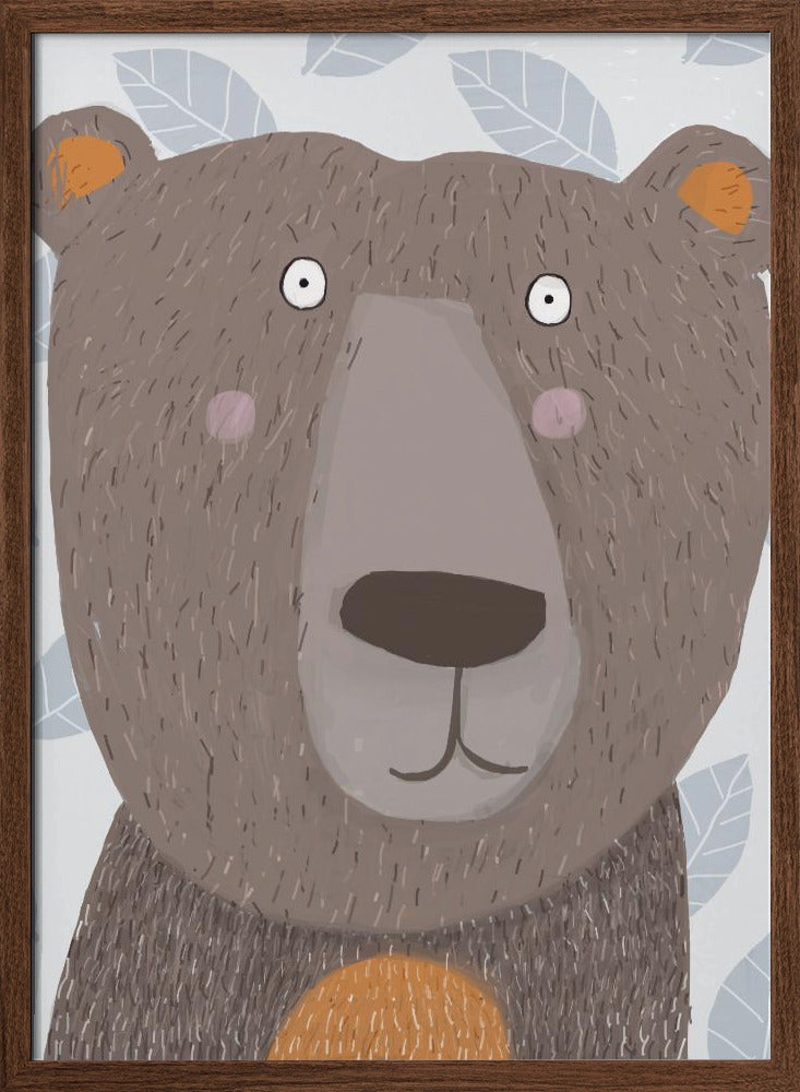 Cute Brown Bear with Grey Leaf Pattern by Artist Carla - Stretched Canvas, Poster or Fine Art Print I Heart Wall Art