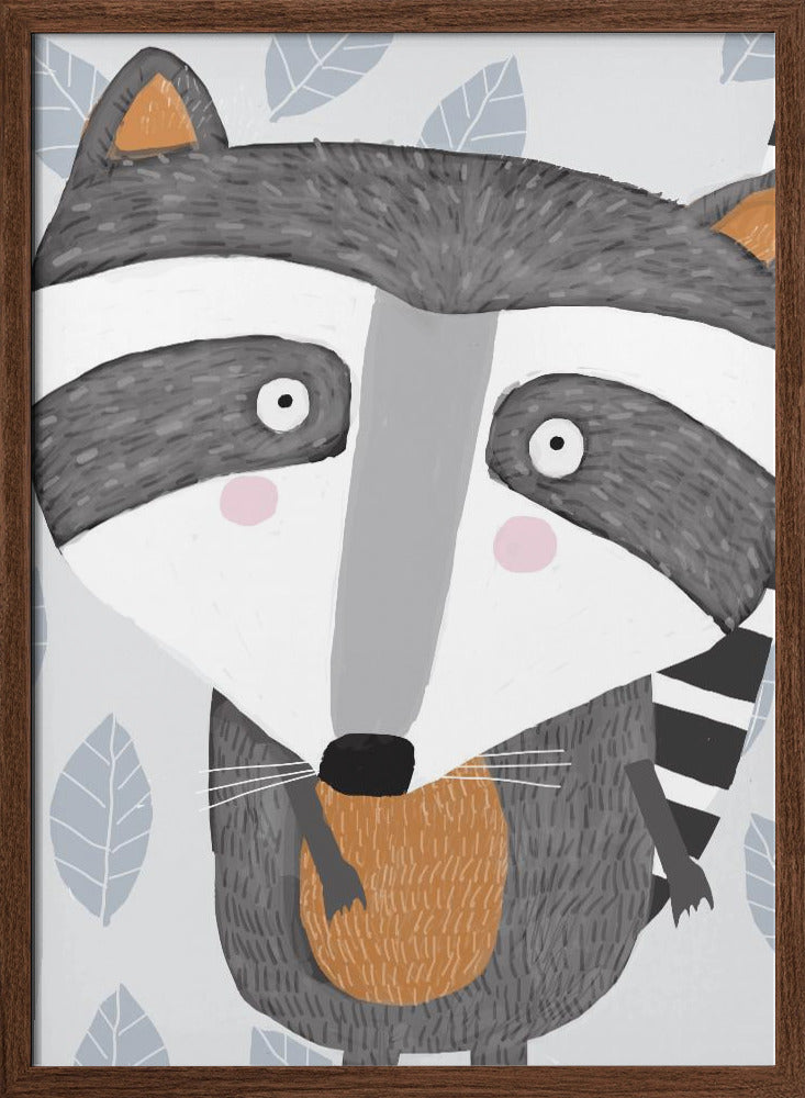 Cute Raccoon with Grey Leaf Pattern by Artist Carla Daly - Stretched Canvas, Poster or Fine Art Print I Heart Wall Art