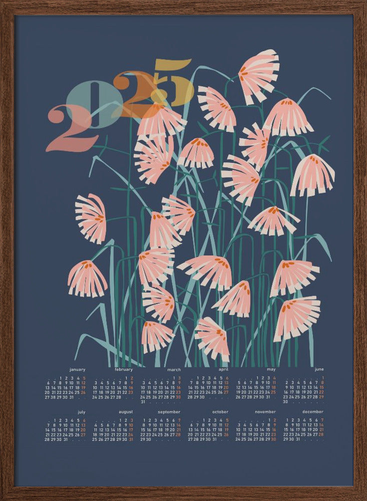 calendar 2025 Linocut flowers blue - Stretched Canvas, Poster or Fine Art Print I Heart Wall Art