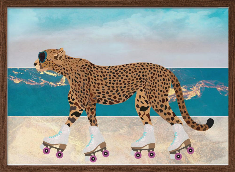 Cheetah Rollerskating Landscape Beach 01 - Stretched Canvas, Poster or Fine Art Print I Heart Wall Art