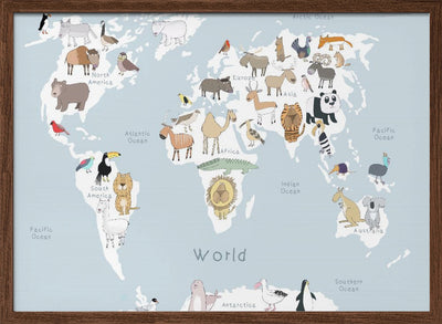 Illustrated Map of the World with Cute Animals - Stretched Canvas, Poster or Fine Art Print I Heart Wall Art