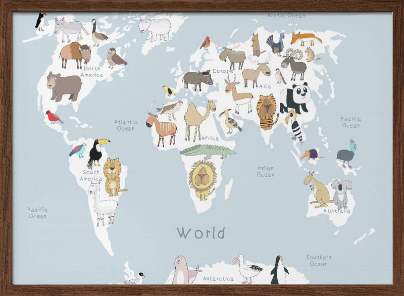 Illustrated Map of the World with Cute Animals - Stretched Canvas, Poster or Fine Art Print I Heart Wall Art