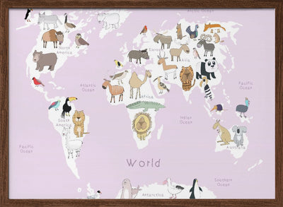 Illustrated Map of the World with Cute Animals - Stretched Canvas, Poster or Fine Art Print I Heart Wall Art