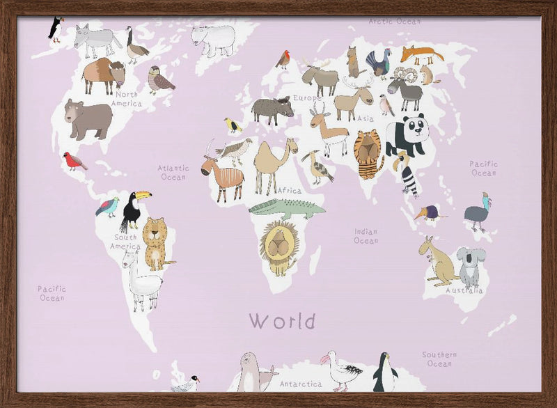 Illustrated Map of the World with Cute Animals - Stretched Canvas, Poster or Fine Art Print I Heart Wall Art