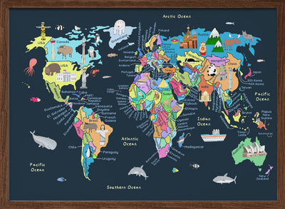 Educational Illustrated Map of the World for Kids - Stretched Canvas, Poster or Fine Art Print I Heart Wall Art