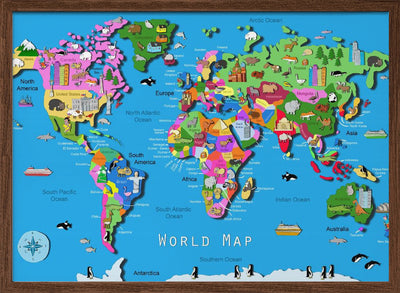 Illustrated World Map with Countries and Continents by Carla Daly - Stretched Canvas, Poster or Fine Art Print I Heart Wall Art