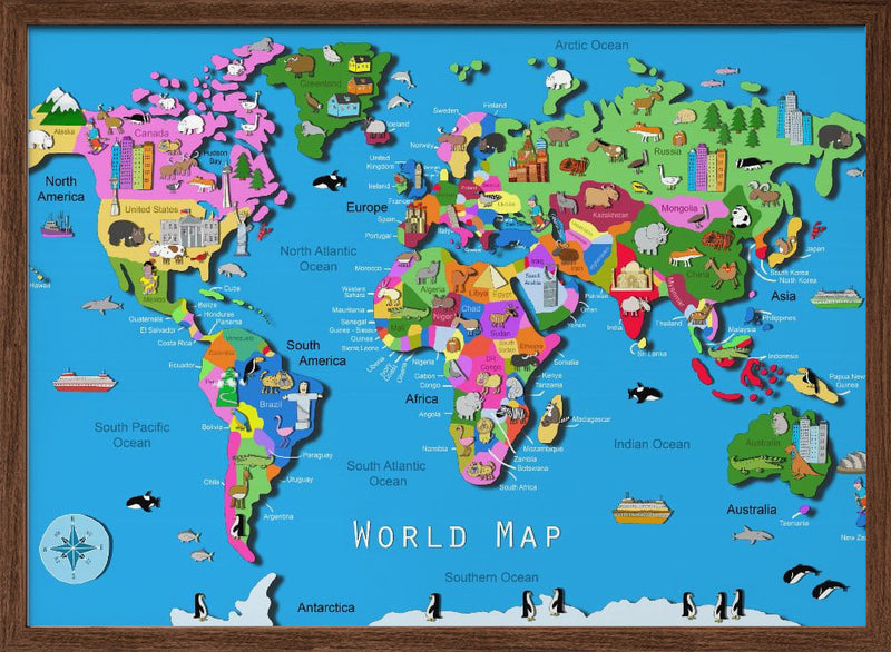 Illustrated World Map with Countries and Continents by Carla Daly - Stretched Canvas, Poster or Fine Art Print I Heart Wall Art