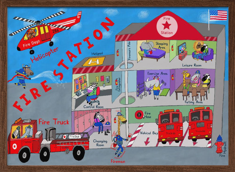 Firemen and the Fire Station by Artist Carla Daly - Stretched Canvas, Poster or Fine Art Print I Heart Wall Art