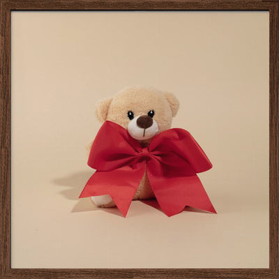 Teddy Bear with Red Bow - Square Stretched Canvas, Poster or Fine Art Print I Heart Wall Art