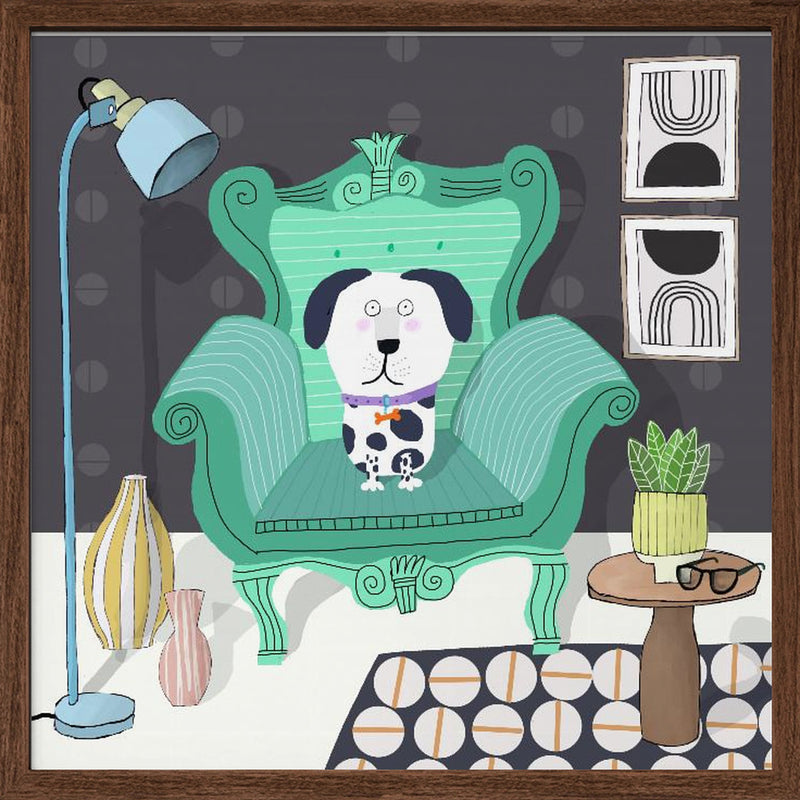 Funny Dog Sitting in a Trendy Interior by Carla Daly - Square Stretched Canvas, Poster or Fine Art Print I Heart Wall Art