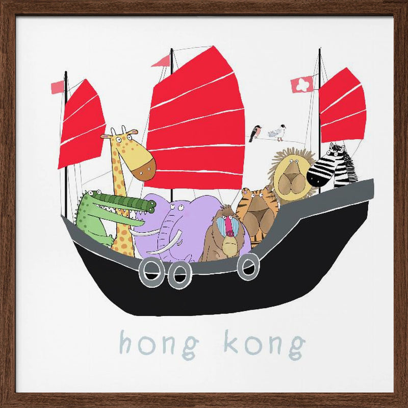 Jungle Animals Travelling in a Junk Boat in Hong Kong by Carla Daly - Square Stretched Canvas, Poster or Fine Art Print I Heart Wall Art