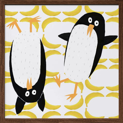 Funny Penguins with Banana Pattern Background by Carla Daly - Square Stretched Canvas, Poster or Fine Art Print I Heart Wall Art