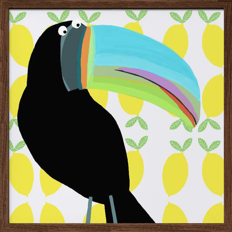 Tropical Toucan Bird with Lemon Pattern Background by Carla Daly - Square Stretched Canvas, Poster or Fine Art Print I Heart Wall Art