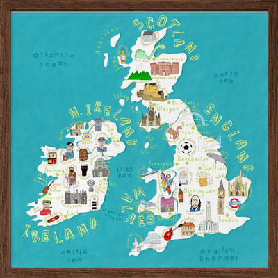 Map of UK and Ireland with Country Icons by Artist Carla Daly - Square Stretched Canvas, Poster or Fine Art Print I Heart Wall Art