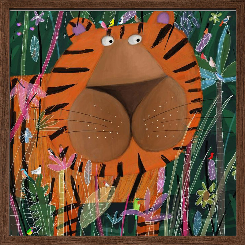 Cute Tiger Peeking Out of the Jungle by Artist Carla Daly - Square Stretched Canvas, Poster or Fine Art Print I Heart Wall Art