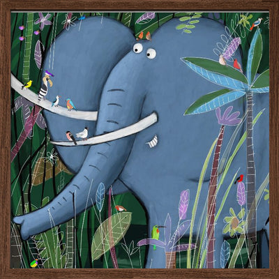 Large Elephant Peeks Out of the Jungle by Artist Carla Daly - Square Stretched Canvas, Poster or Fine Art Print I Heart Wall Art