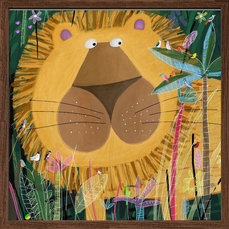 Large Lion Peeks Out of the Jungle Foliage by Artist Carla Daly - Square Stretched Canvas, Poster or Fine Art Print I Heart Wall Art