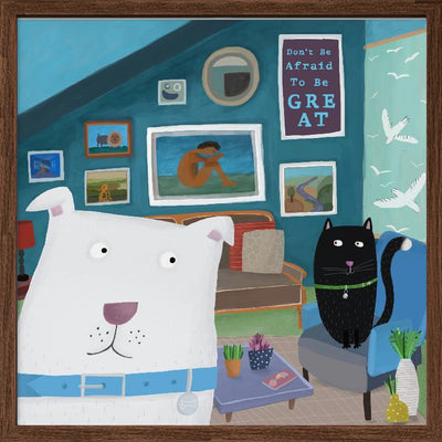 Cute White Dog with Black Cat in Designer Interior - Square Stretched Canvas, Poster or Fine Art Print I Heart Wall Art