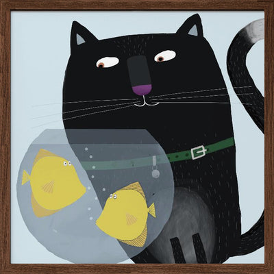 Black Cat Eyeing Up Yellow Fish in fish Bowl by Artist Carla Daly - Square Stretched Canvas, Poster or Fine Art Print I Heart Wall Art