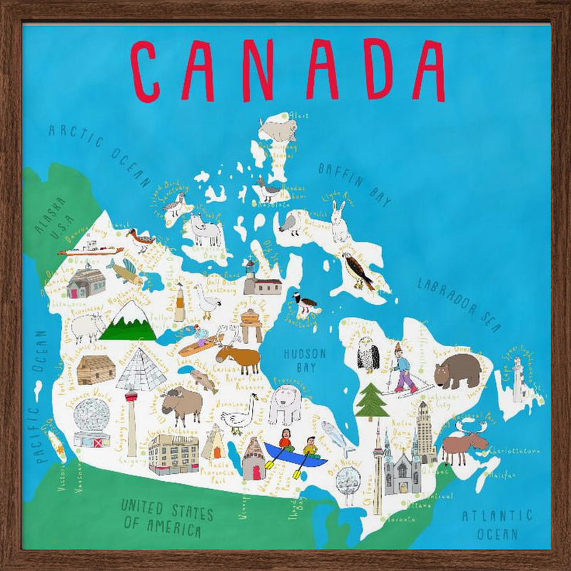 Illustrated Map of Canada by Artist Carla Daly - Square Stretched Canvas, Poster or Fine Art Print I Heart Wall Art