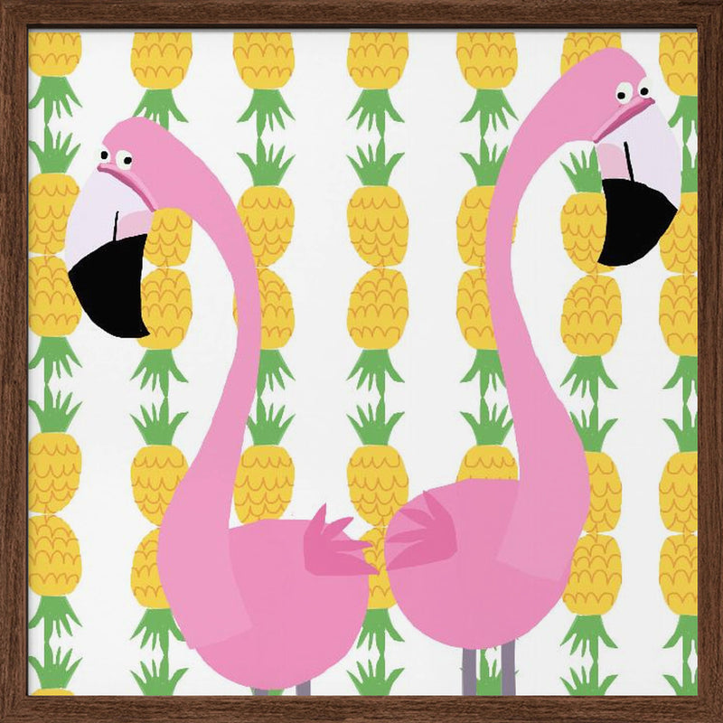 Two Falmingos with Pineapples by Artist Carla Daly - Square Stretched Canvas, Poster or Fine Art Print I Heart Wall Art