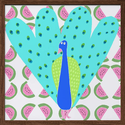 Electric Peacock with Watermelon Pattern by Artist Carla Daly - Square Stretched Canvas, Poster or Fine Art Print I Heart Wall Art