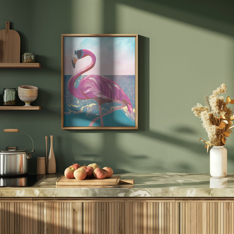 Flamingo goes to the beach - Stretched Canvas, Poster or Fine Art Print I Heart Wall Art