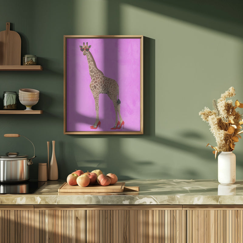 Giraffe wearing heels and heart glasses pink - Stretched Canvas, Poster or Fine Art Print I Heart Wall Art