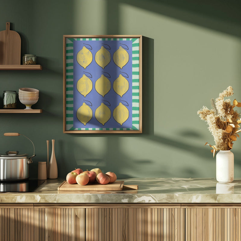 Vibrant Yellow Lemons on a Deep Blue - Stretched Canvas, Poster or Fine Art Print I Heart Wall Art