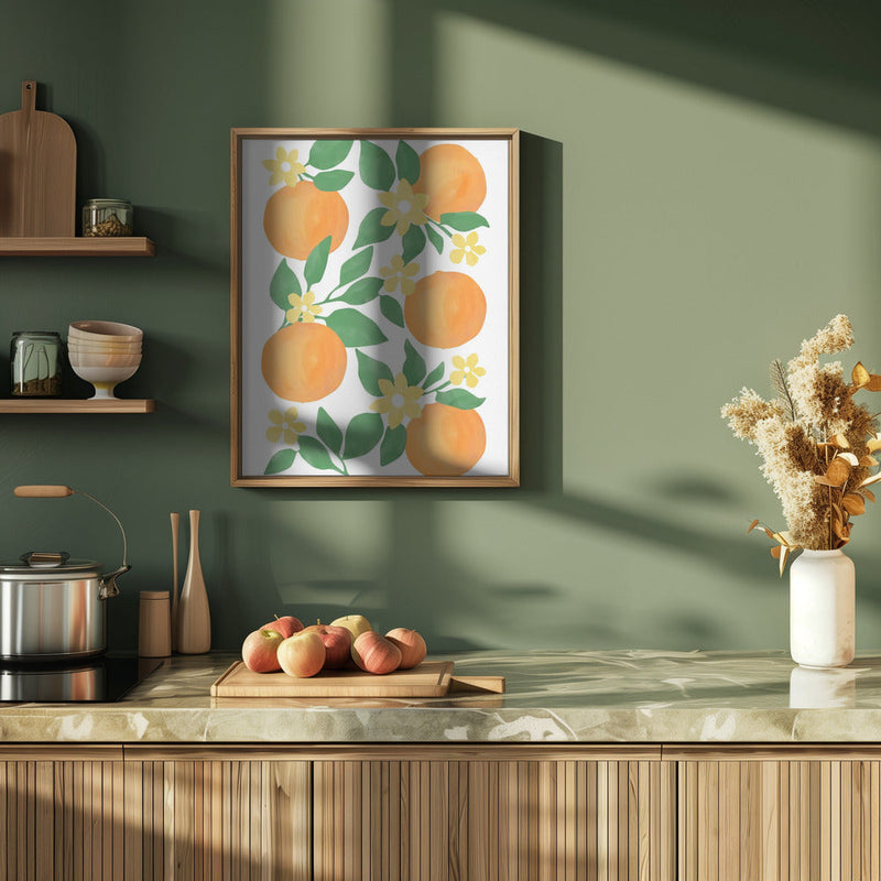 Oranges with Green Leaves and Delicate Yellow Flowers - Stretched Canvas, Poster or Fine Art Print I Heart Wall Art