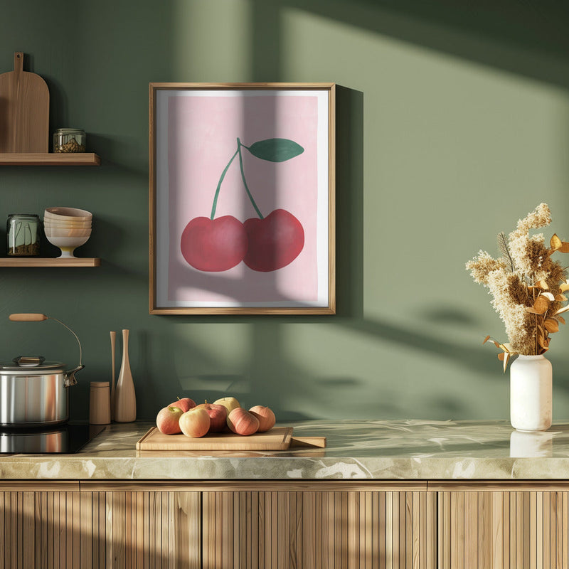 Red Cherries with a Green Leaf - Stretched Canvas, Poster or Fine Art Print I Heart Wall Art