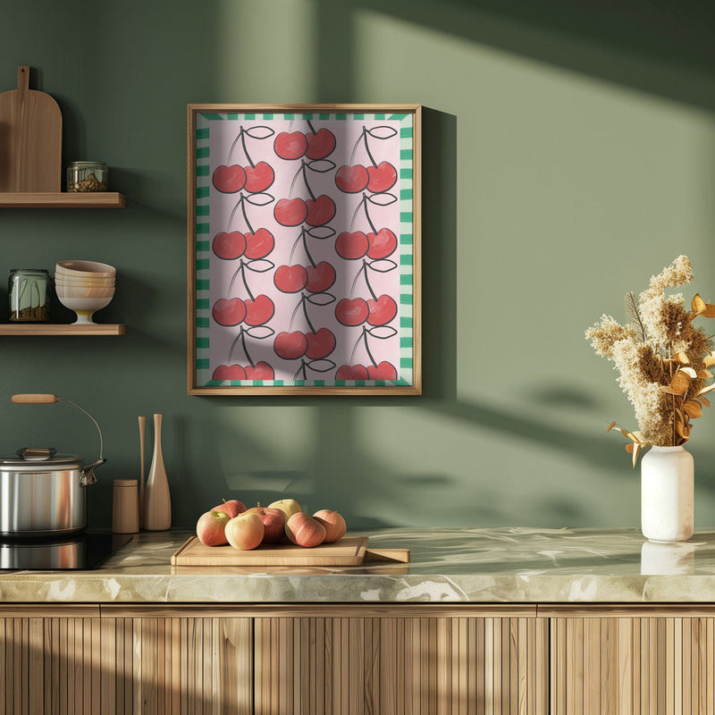 Red Cherries on a Pink - Stretched Canvas, Poster or Fine Art Print I Heart Wall Art