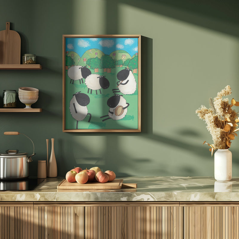 Funny Sheep Dancing in a Green Field by Artist Carla Daly - Stretched Canvas, Poster or Fine Art Print I Heart Wall Art