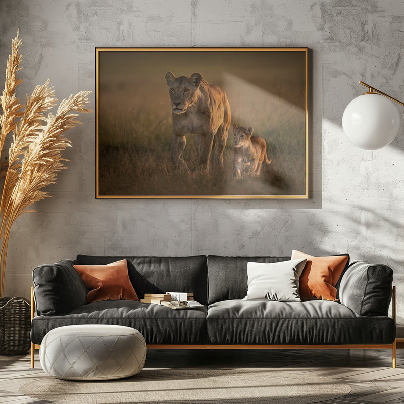 Mom lioness with cub - Stretched Canvas, Poster or Fine Art Print I Heart Wall Art