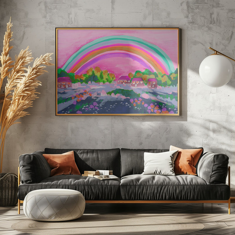 Countryside Rainbow On Pink - Stretched Canvas, Poster or Fine Art Print I Heart Wall Art