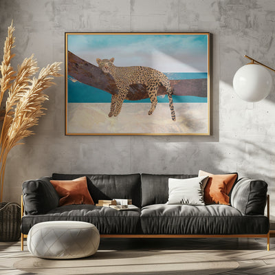 Leopard lying on beach landscape - Stretched Canvas, Poster or Fine Art Print I Heart Wall Art