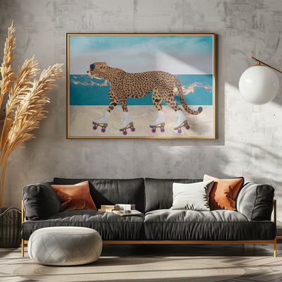 Cheetah Rollerskating Landscape Beach 01 - Stretched Canvas, Poster or Fine Art Print I Heart Wall Art