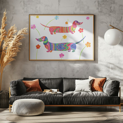 20240507132407121 0001 Sausage Dogs and Flowers Re Worked - Stretched Canvas, Poster or Fine Art Print I Heart Wall Art