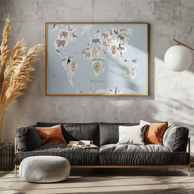 Illustrated Map of the World with Cute Animals - Stretched Canvas, Poster or Fine Art Print I Heart Wall Art