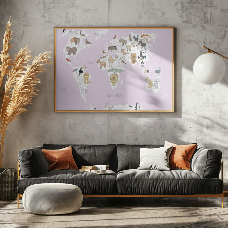 Illustrated Map of the World with Cute Animals - Stretched Canvas, Poster or Fine Art Print I Heart Wall Art