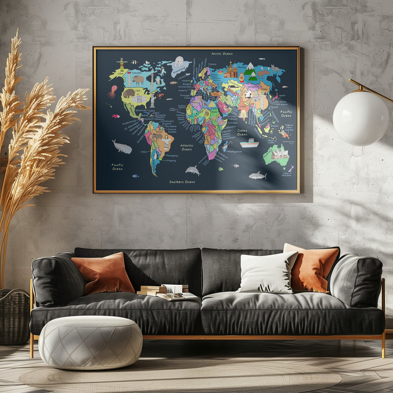 Educational Illustrated Map of the World for Kids - Stretched Canvas, Poster or Fine Art Print I Heart Wall Art