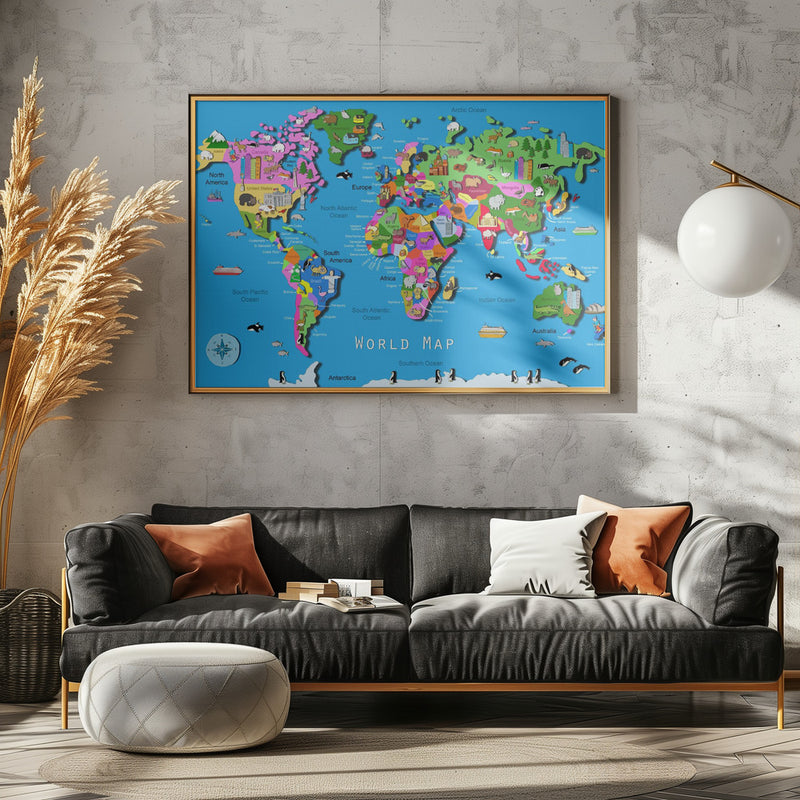 Illustrated World Map with Countries and Continents by Carla Daly - Stretched Canvas, Poster or Fine Art Print I Heart Wall Art