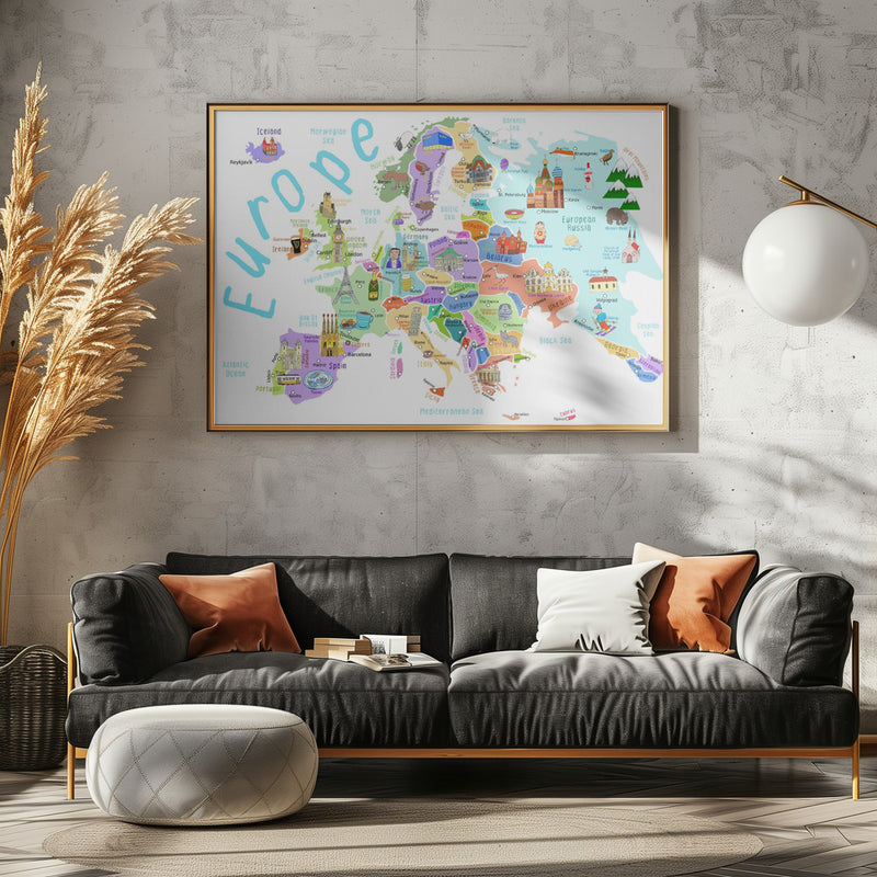 Illustrated Map of Europe by Map Illustrator Carla Daly - Stretched Canvas, Poster or Fine Art Print I Heart Wall Art