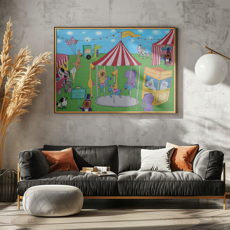 Welcome to the Carousel with Funny Animals by Artist Carla Daly - Stretched Canvas, Poster or Fine Art Print I Heart Wall Art