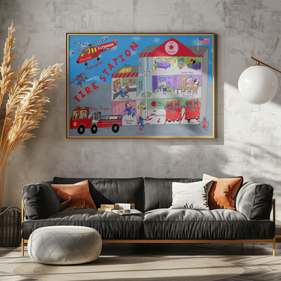 Firemen and the Fire Station by Artist Carla Daly - Stretched Canvas, Poster or Fine Art Print I Heart Wall Art