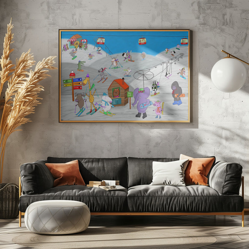 Funny Animals Enjoying the Ski Slopes by Illustrator Carla Daly - Stretched Canvas, Poster or Fine Art Print I Heart Wall Art