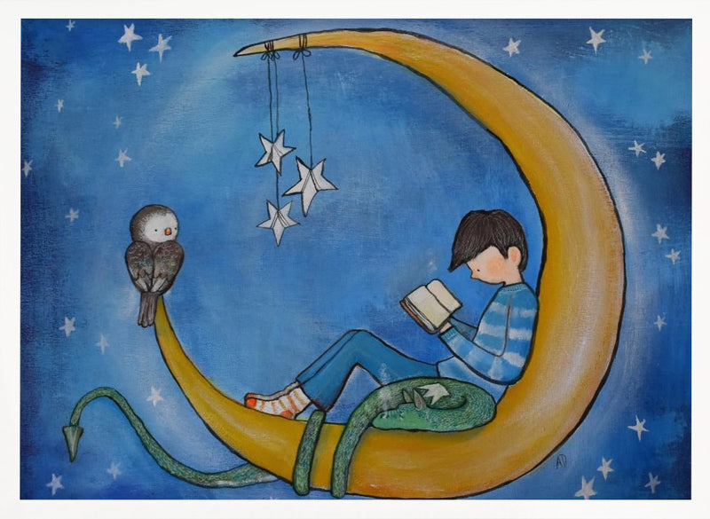 Boyreadingonmoon - Stretched Canvas, Poster or Fine Art Print I Heart Wall Art