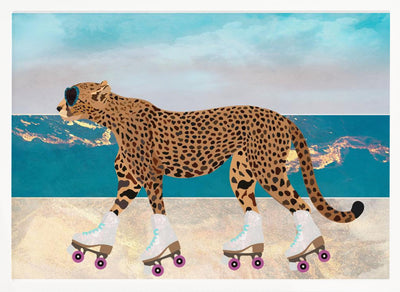 Cheetah Rollerskating Landscape Beach 01 - Stretched Canvas, Poster or Fine Art Print I Heart Wall Art