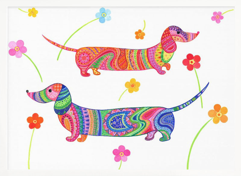 20240507132407121 0001 Sausage Dogs and Flowers Re Worked - Stretched Canvas, Poster or Fine Art Print I Heart Wall Art