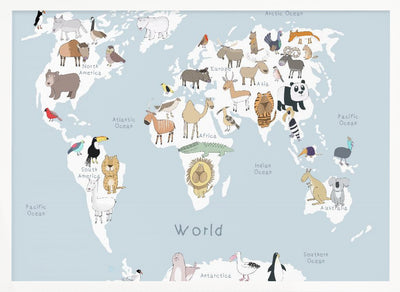 Illustrated Map of the World with Cute Animals - Stretched Canvas, Poster or Fine Art Print I Heart Wall Art